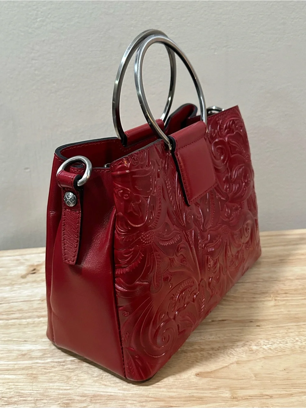 Patricia Nash Red Burnished Tooled Leather Top-Handle Satchel